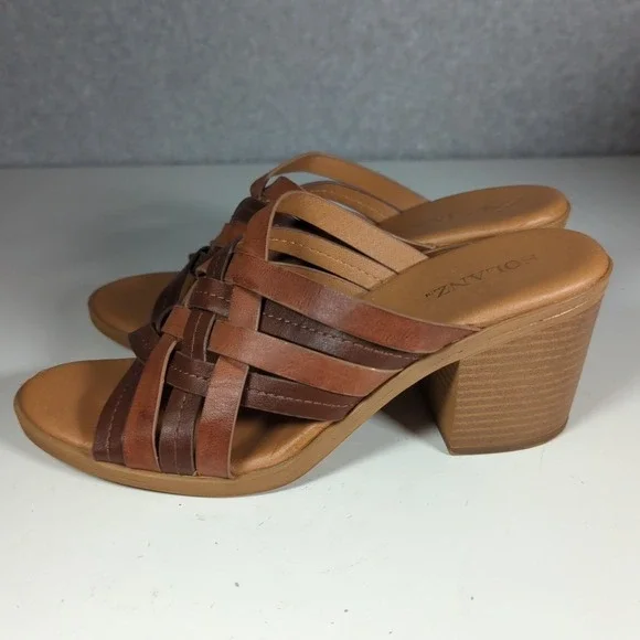 Solanz 7.5 M Sandals Brown Weaved‎ Block Heel Open Toe 90s Y2K - Picture 3 of 6